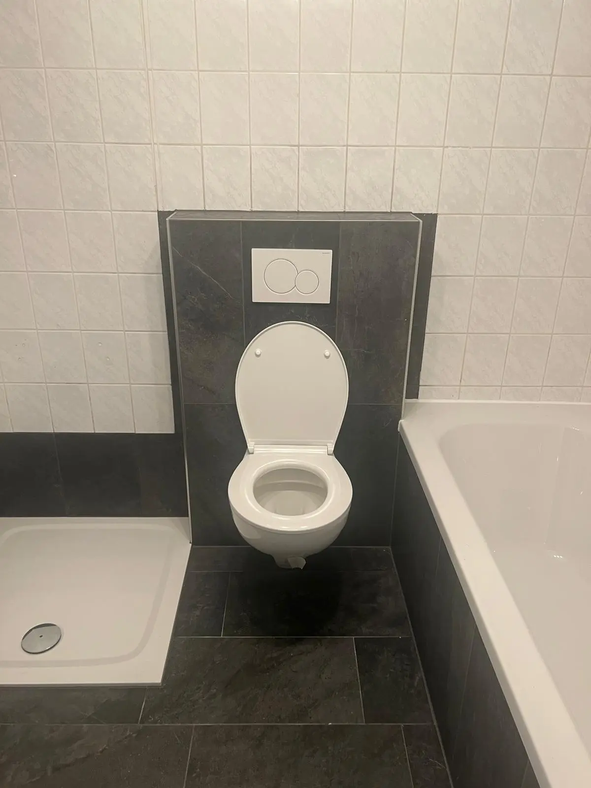 Fertiggestelltes WC mit dunkler Rückwand